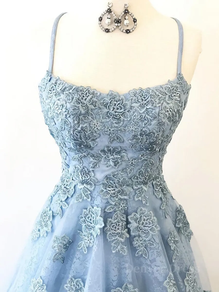 Scoop Neck Light Blue Backless Lace Prom Dresses Scoop Neck Blue Lace Formal Evening Dresses