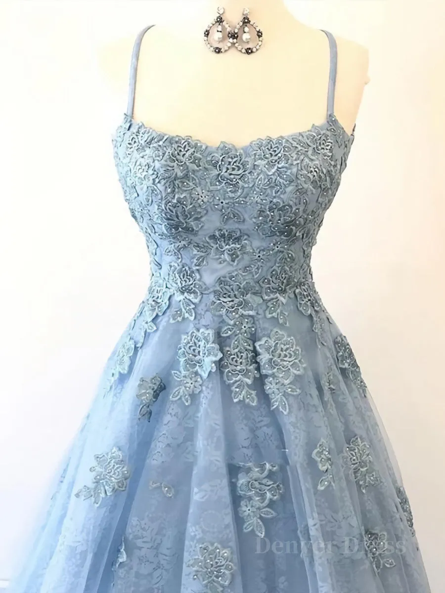 Scoop Neck Light Blue Backless Lace Prom Dresses Scoop Neck Blue Lace Formal Evening Dresses
