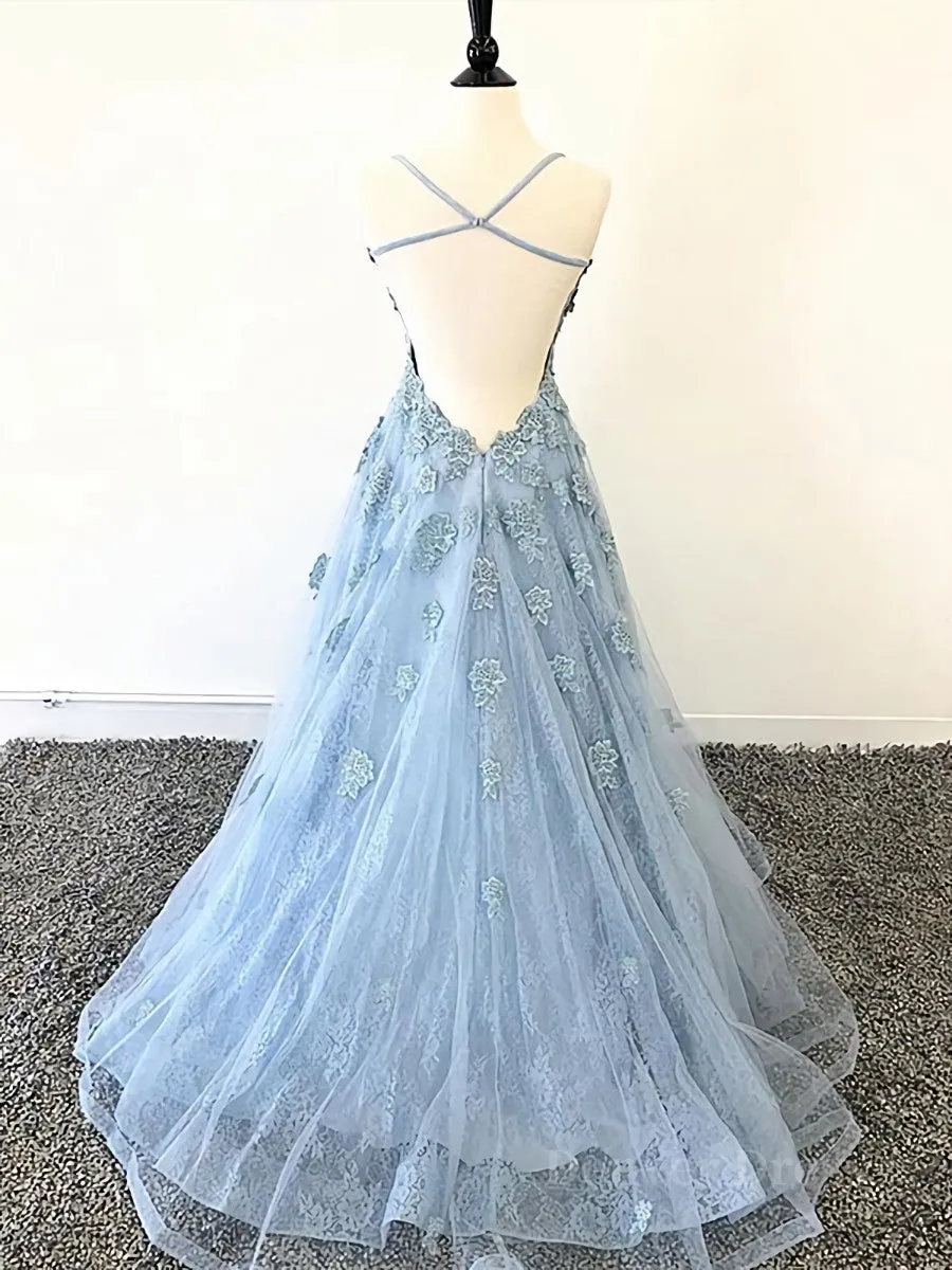 Scoop Neck Light Blue Backless Lace Prom Dresses Scoop Neck Blue Lace Formal Evening Dresses