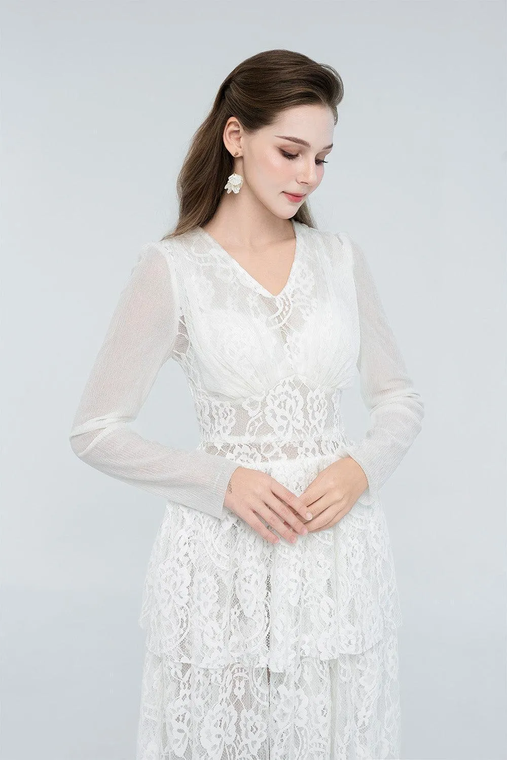 Selene Peplum V-Neck Lace Maxi Dress
