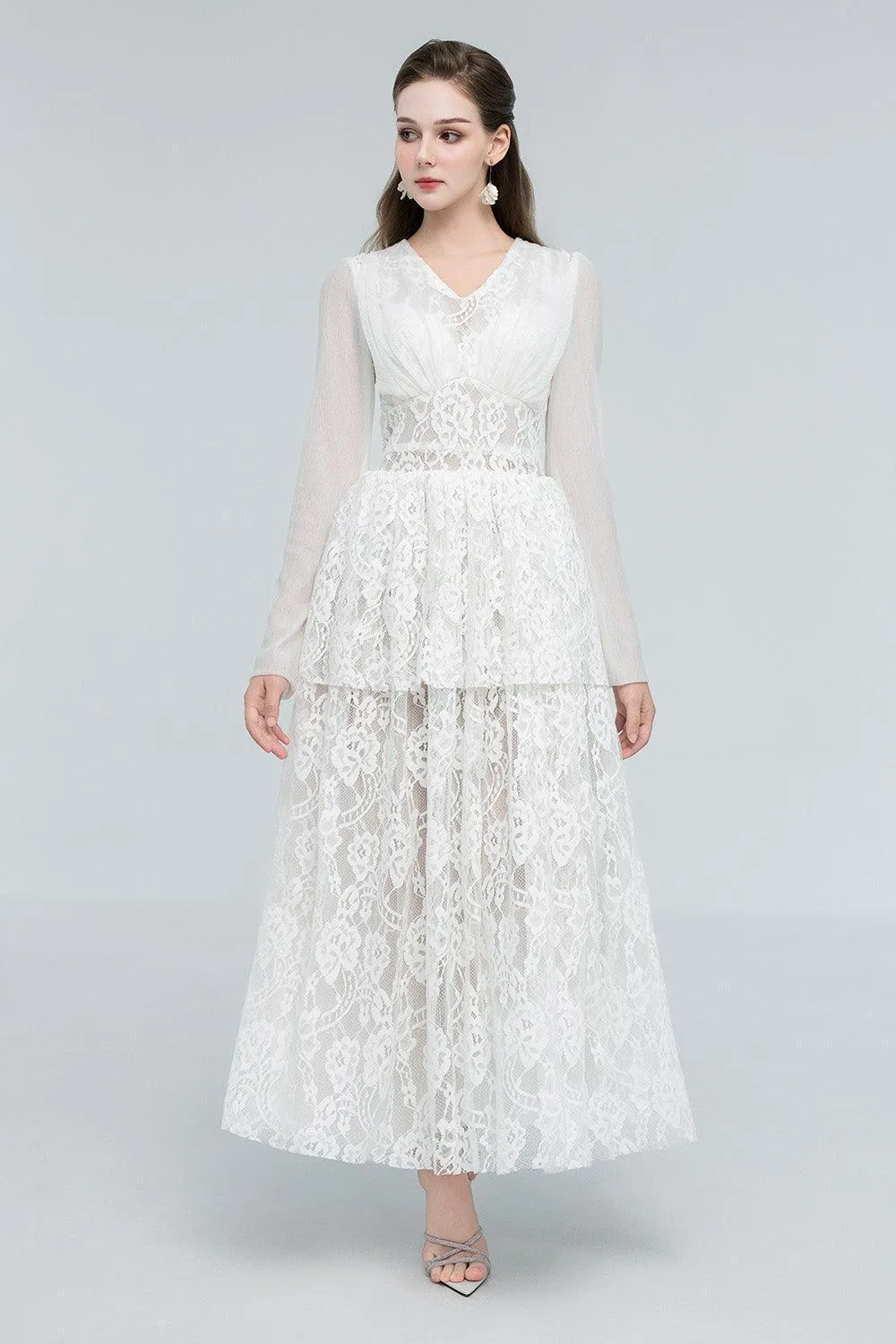 Selene Peplum V-Neck Lace Maxi Dress