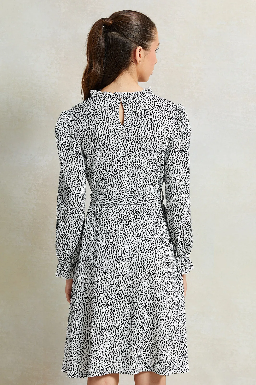 Senior Girls White And Black Printed Dress