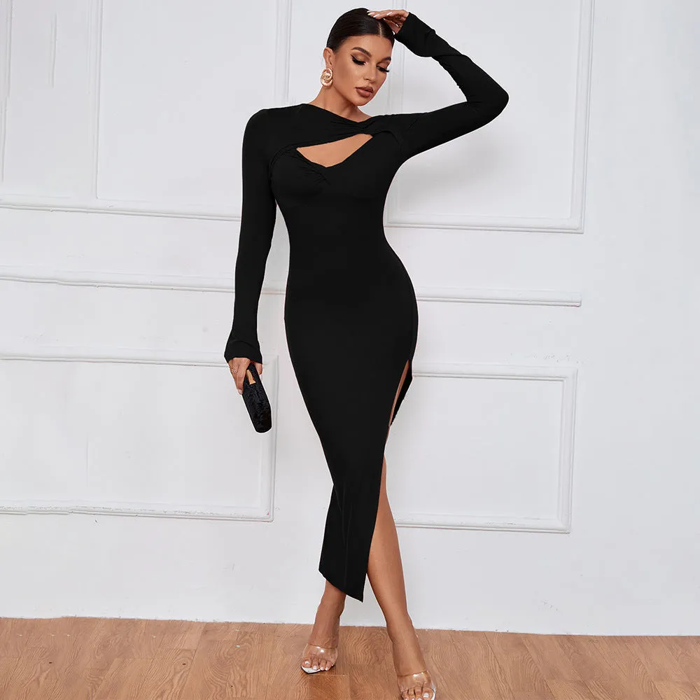 Sensual Slit Long Sleeve Bodycon Midi Dress