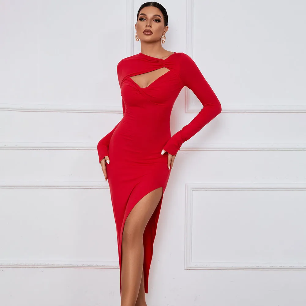 Sensual Slit Long Sleeve Bodycon Midi Dress