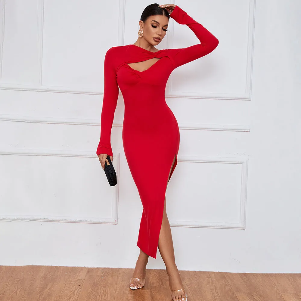 Sensual Slit Long Sleeve Bodycon Midi Dress