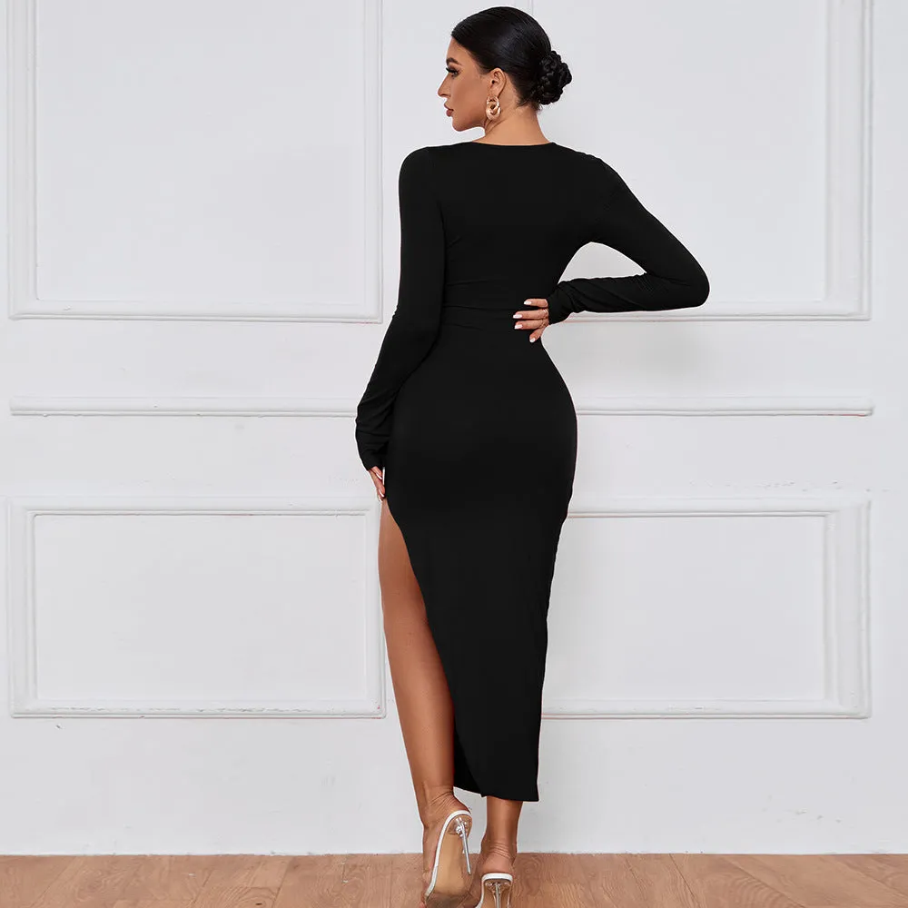Sensual Slit Long Sleeve Bodycon Midi Dress