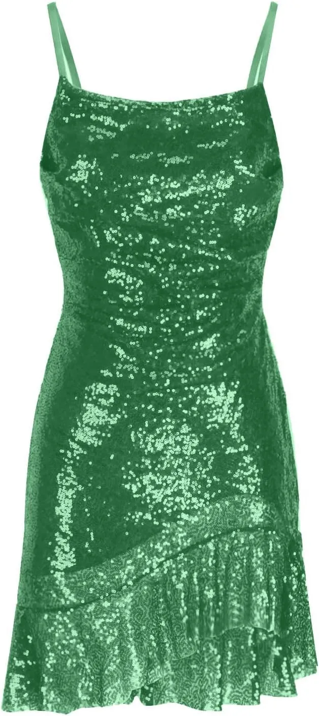 Sequin Cami Dress Women Sexy Sleeveless Strap Mini Dresses Ruched Sparkly Bodycon Sundress Irregular Ruffle Dress