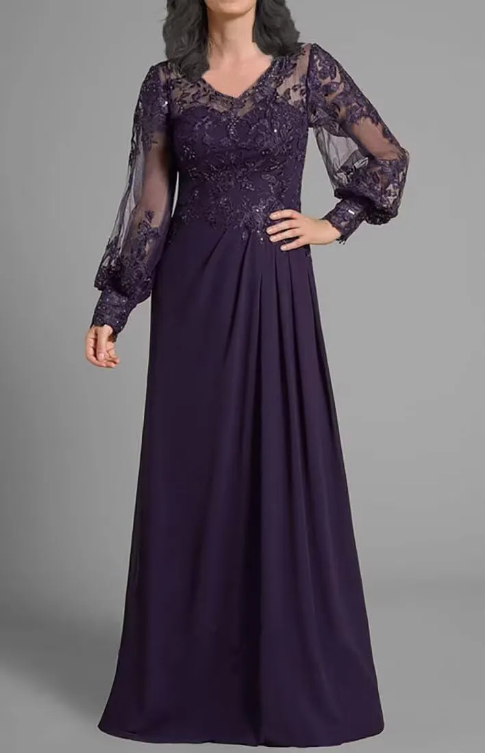 Sequin Laces Mother of The Bride Dresses with Sleeves Long Chiffon V Neck Formal Wedding Evening Gowns