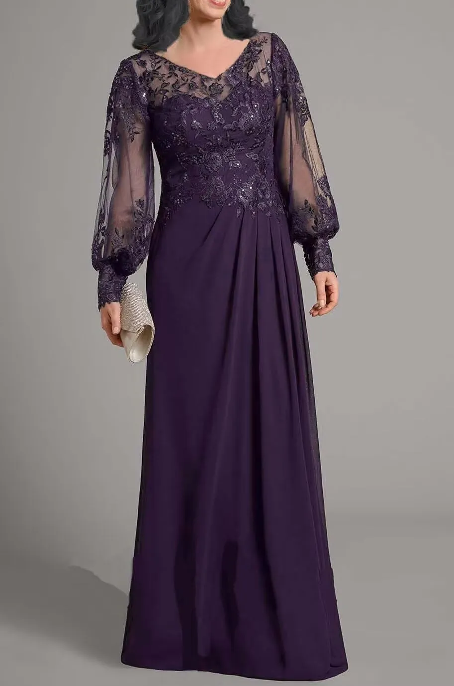 Sequin Laces Mother of The Bride Dresses with Sleeves Long Chiffon V Neck Formal Wedding Evening Gowns