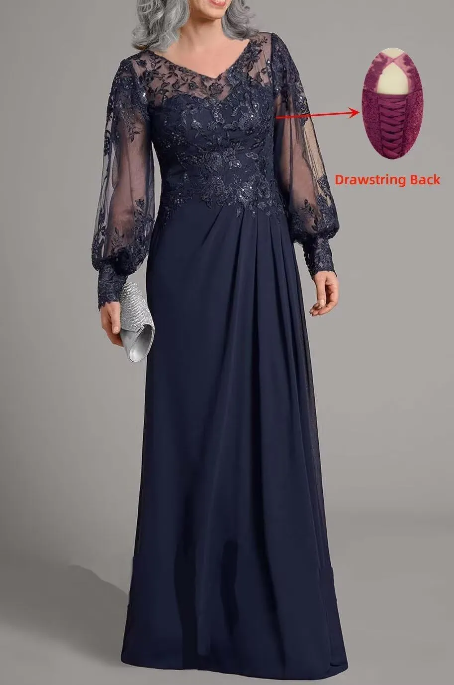 Sequin Laces Mother of The Bride Dresses with Sleeves Long Chiffon V Neck Formal Wedding Evening Gowns
