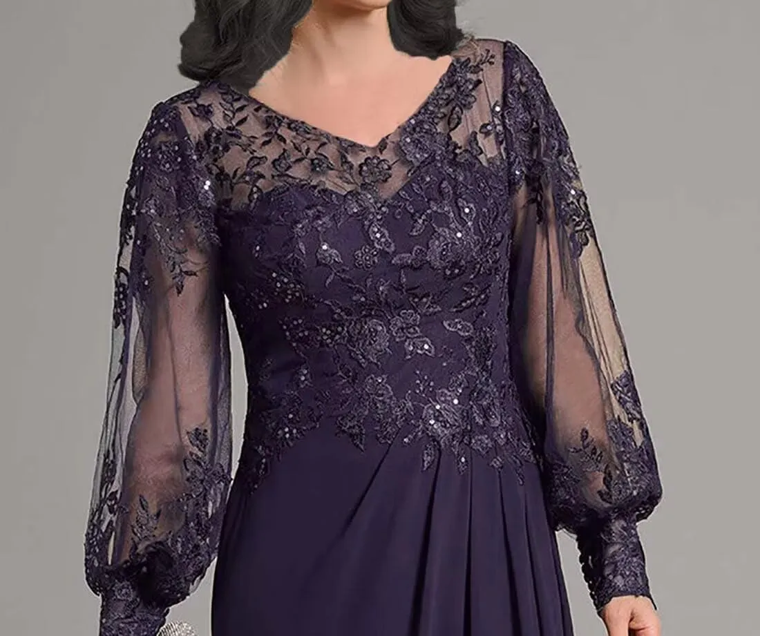 Sequin Laces Mother of The Bride Dresses with Sleeves Long Chiffon V Neck Formal Wedding Evening Gowns