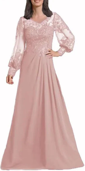 Sequin Laces Mother of The Bride Dresses with Sleeves Long Chiffon V Neck Formal Wedding Evening Gowns