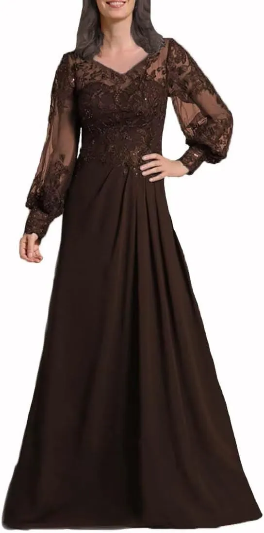 Sequin Laces Mother of The Bride Dresses with Sleeves Long Chiffon V Neck Formal Wedding Evening Gowns