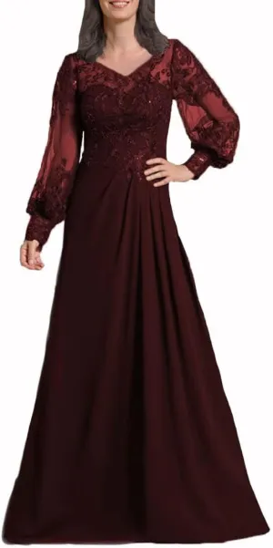 Sequin Laces Mother of The Bride Dresses with Sleeves Long Chiffon V Neck Formal Wedding Evening Gowns