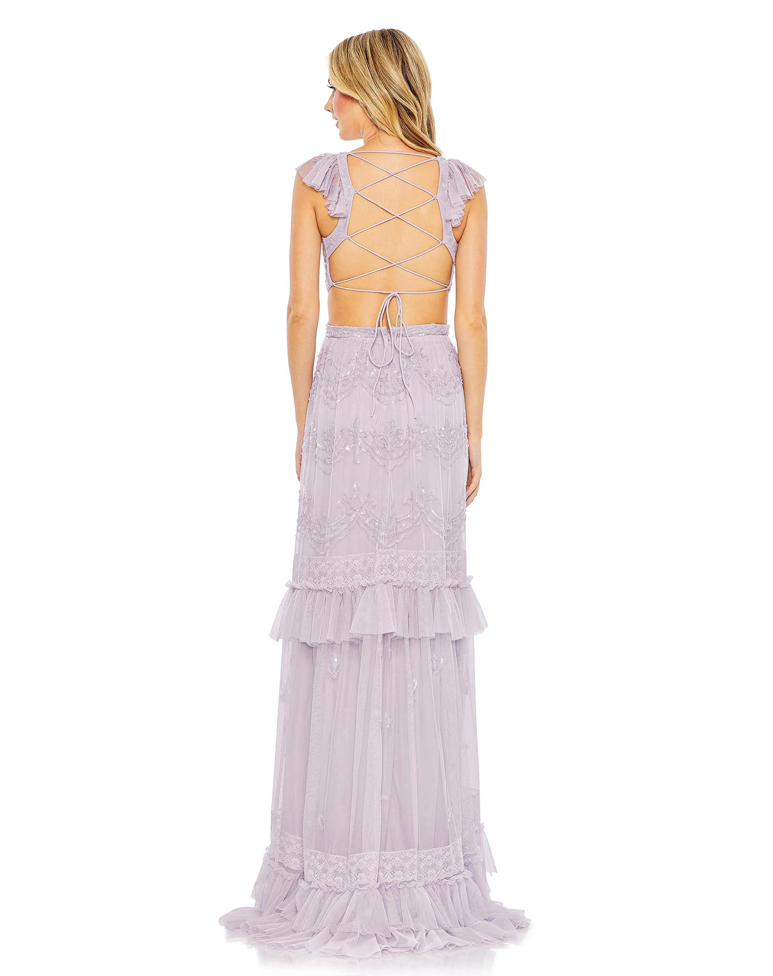 Sequin ruffled cap sleeve cut out tiered gown - Lilac