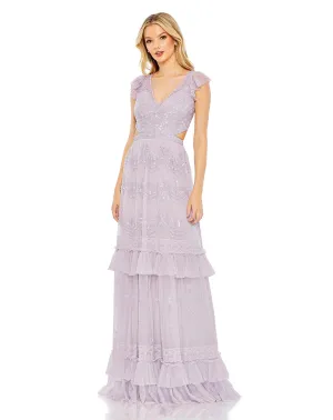 Sequin ruffled cap sleeve cut out tiered gown - Lilac