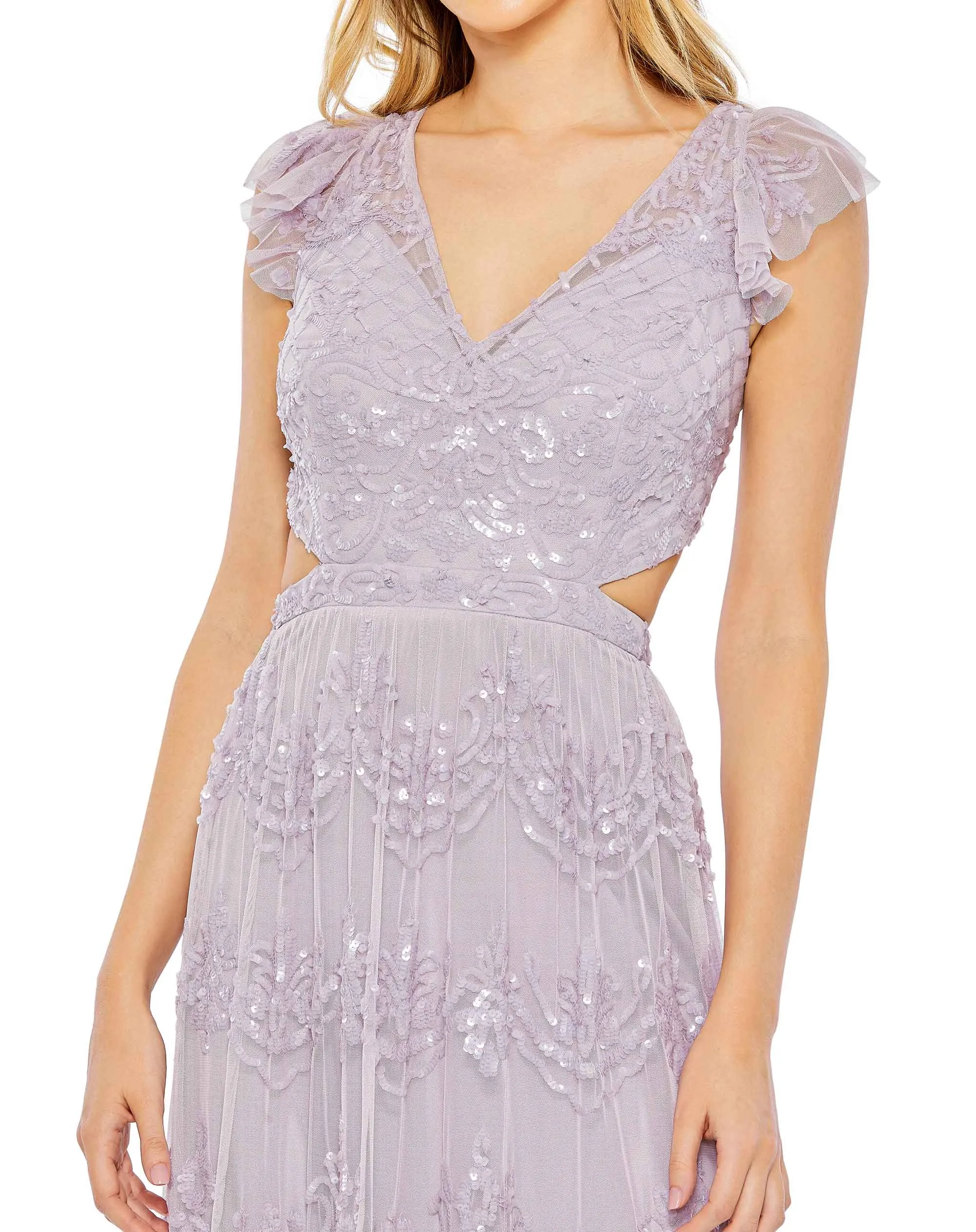 Sequin ruffled cap sleeve cut out tiered gown - Lilac