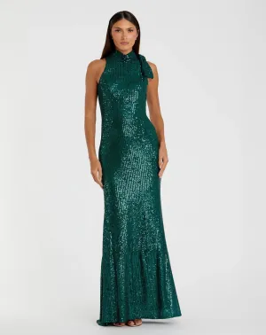 Sequin tie neck column sleeveless gown - Teal