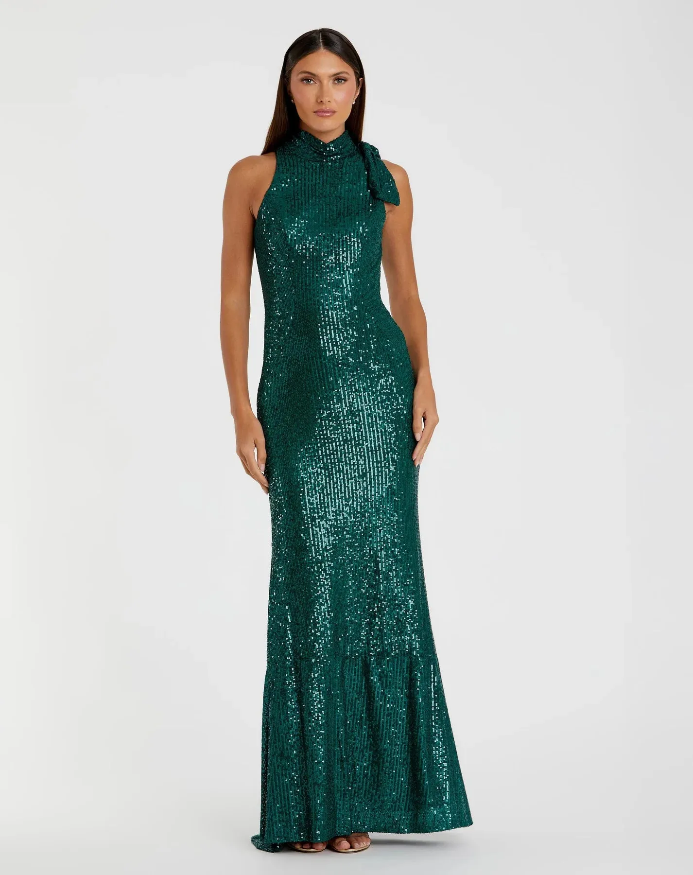 Sequin tie neck column sleeveless gown - Teal