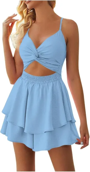 Sexy Dresses for Women V Neck Twist Front Double Layer Ruffle Hem Mini Jumpsuit Party Night Out Chic Dress Light Blue