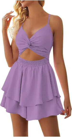 Sexy Dresses for Women V Neck Twist Front Double Layer Ruffle Hem Mini Jumpsuit Party Night Out Chic Dress Purple