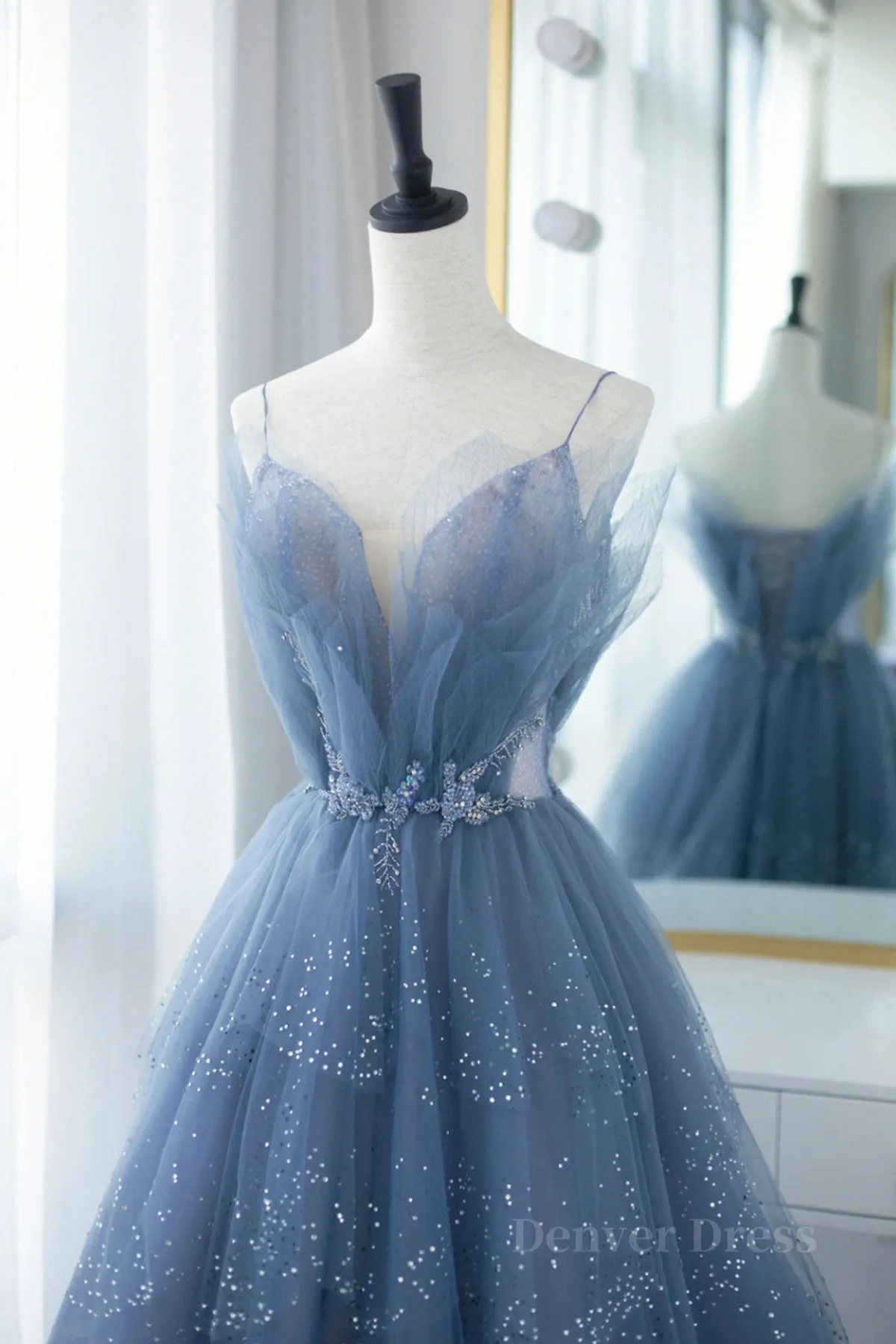 Shiny Tulle V Neck Blue Long Prom Dress Blue Tulle Formal Evening Dress Blue Ball Gown