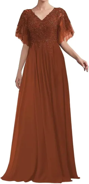 Short Sleeve Mother of The Bride Dresses Long Chiffon Laces Appliques Beaded Formal Party Evening Gowns for Wedding