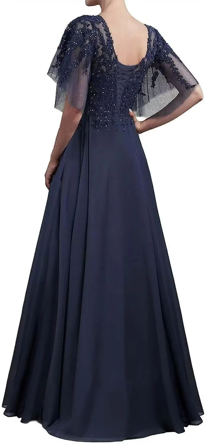 Short Sleeve Mother of The Bride Dresses Long Chiffon Laces Appliques Beaded Formal Party Evening Gowns for Wedding