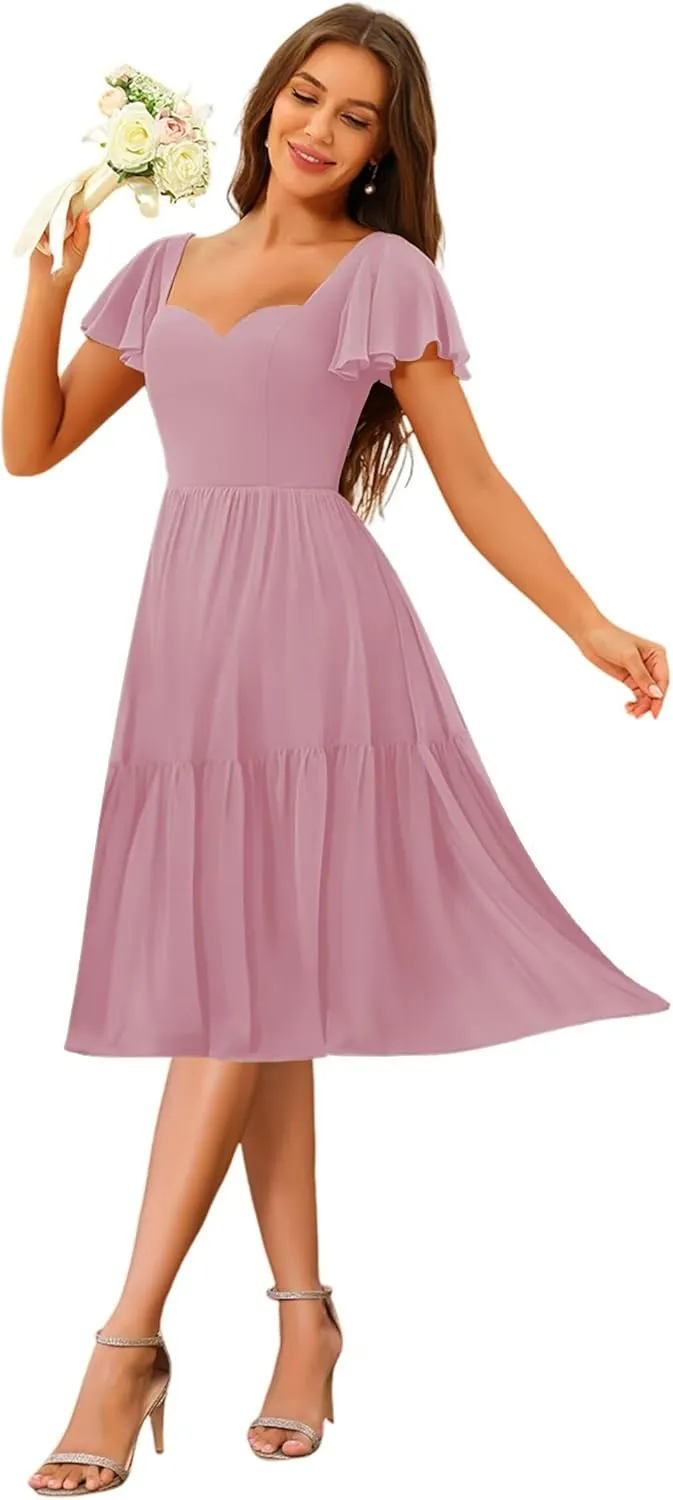 Short Tiered Bridesmaid Dresses A Line Chiffon Pleated Formal Dresses with Flutter Sleeves AU131