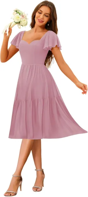 Short Tiered Bridesmaid Dresses A Line Chiffon Pleated Formal Dresses with Flutter Sleeves AU131