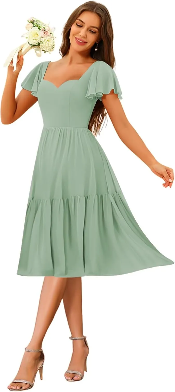 Short Tiered Bridesmaid Dresses A Line Chiffon Pleated Formal Dresses with Flutter Sleeves AU131