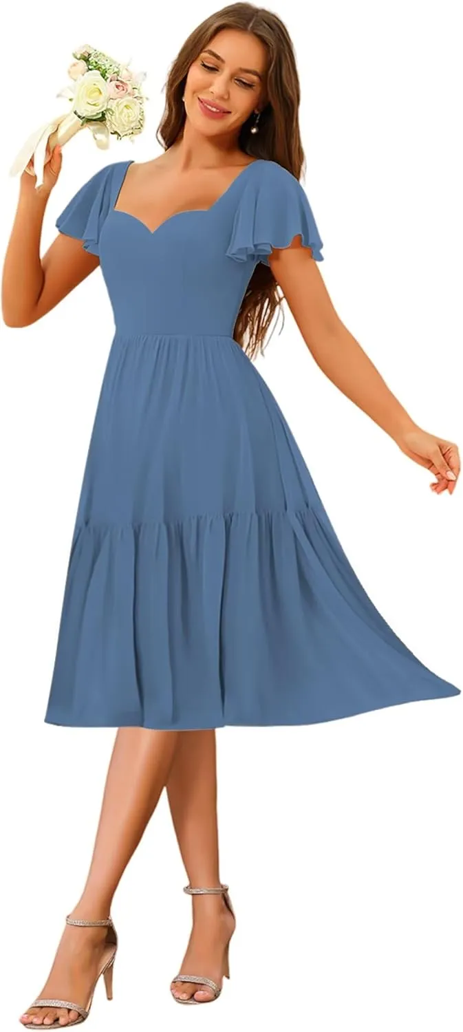 Short Tiered Bridesmaid Dresses A Line Chiffon Pleated Formal Dresses with Flutter Sleeves AU131