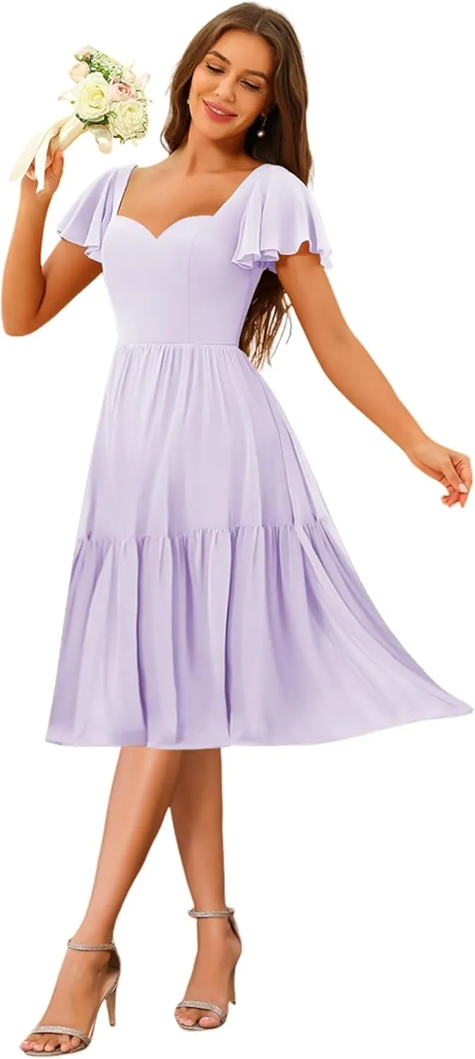 Short Tiered Bridesmaid Dresses A Line Chiffon Pleated Formal Dresses with Flutter Sleeves AU131