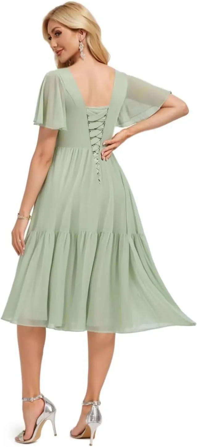 Short Tiered Bridesmaid Dresses A Line Chiffon Pleated Formal Dresses with Flutter Sleeves AU131