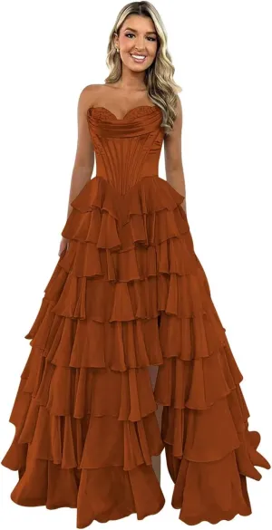 SINRWROD Sweetheart Corset Prom Dresses Chiffon Ball Gowns Strapless Tiered Formal Evening Dress