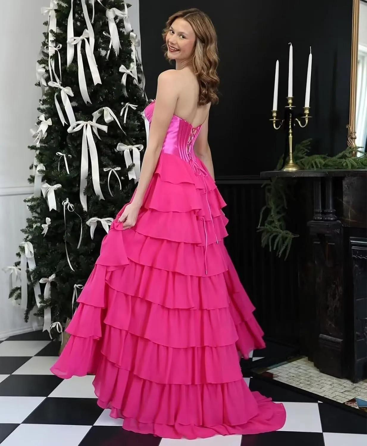 SINRWROD Sweetheart Corset Prom Dresses Chiffon Ball Gowns Strapless Tiered Formal Evening Dress