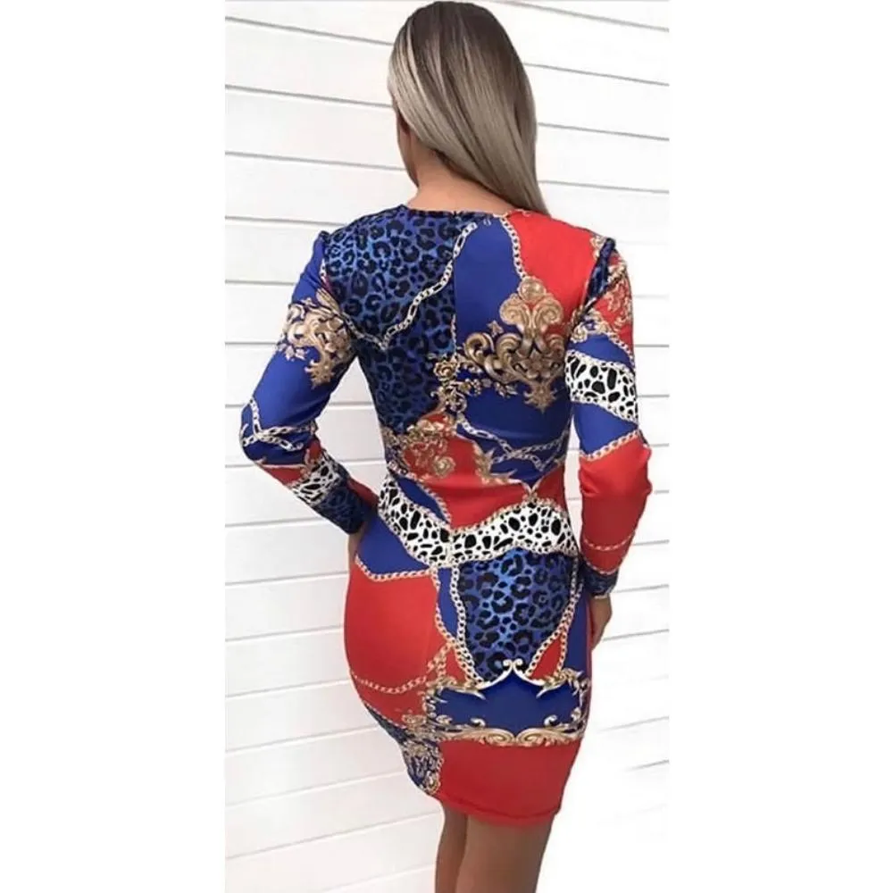 Slim Round Neck Long Sleeve Leopard Short Dress