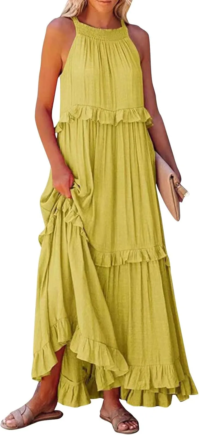 Smocked Halter Maxi Dress for Women Elegant Loose Flowy Tiered Ruffle Dress Summer Swing Beach Dresses with Pockets