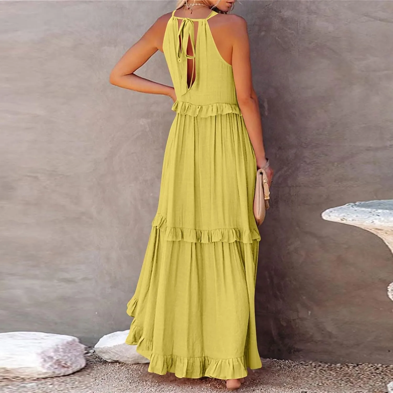 Smocked Halter Maxi Dress for Women Elegant Loose Flowy Tiered Ruffle Dress Summer Swing Beach Dresses with Pockets