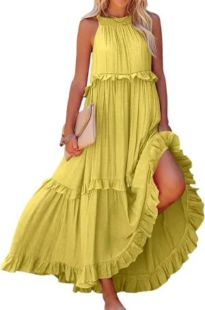 Smocked Halter Maxi Dress for Women Elegant Loose Flowy Tiered Ruffle Dress Summer Swing Beach Dresses with Pockets