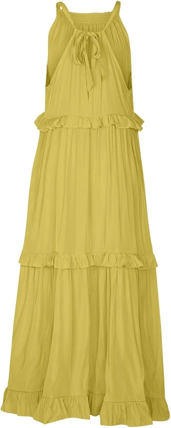 Smocked Halter Maxi Dress for Women Elegant Loose Flowy Tiered Ruffle Dress Summer Swing Beach Dresses with Pockets