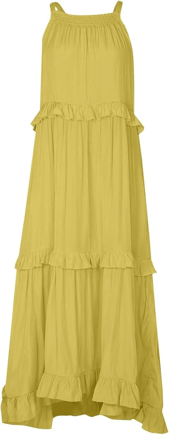 Smocked Halter Maxi Dress for Women Elegant Loose Flowy Tiered Ruffle Dress Summer Swing Beach Dresses with Pockets