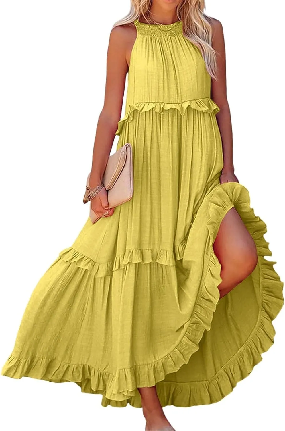 Smocked Halter Maxi Dress for Women Elegant Loose Flowy Tiered Ruffle Dress Summer Swing Beach Dresses with Pockets