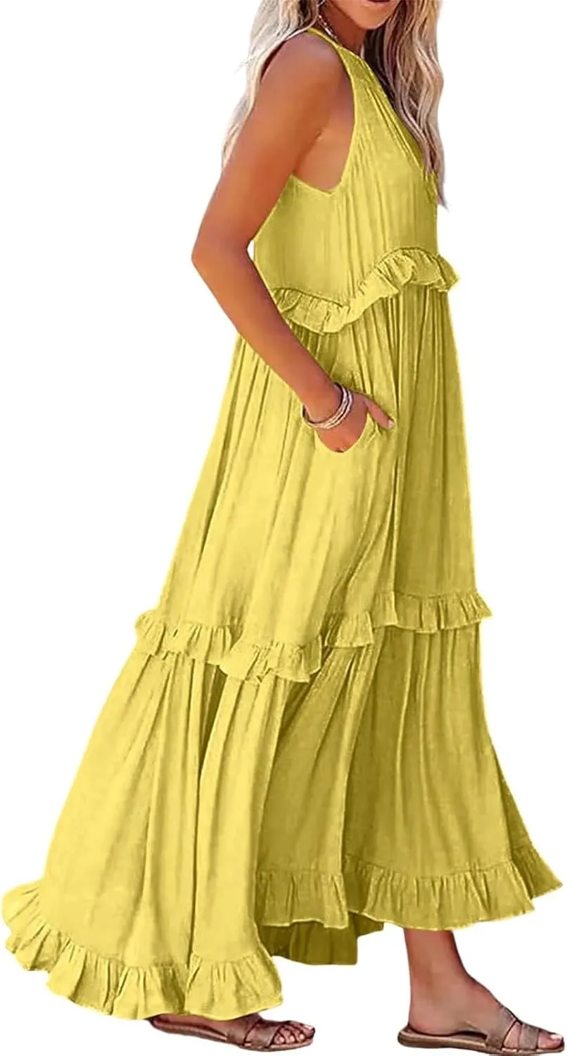 Smocked Halter Maxi Dress for Women Elegant Loose Flowy Tiered Ruffle Dress Summer Swing Beach Dresses with Pockets