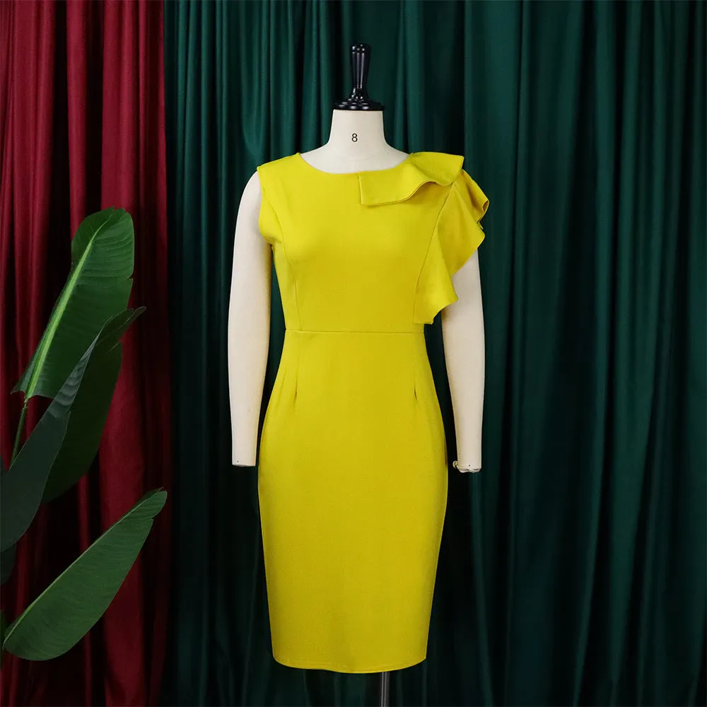 Solid Color Lotus Leaf Sleeves Pencil Dress