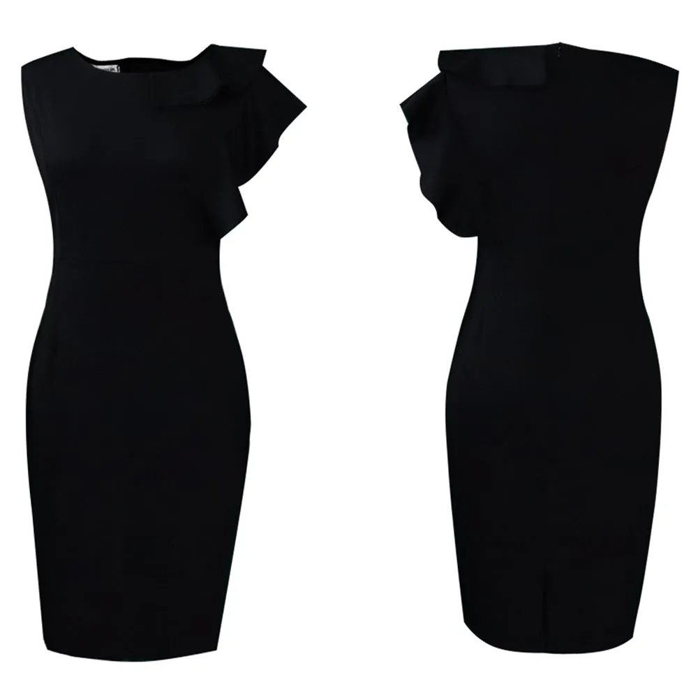 Solid Color Lotus Leaf Sleeves Pencil Dress