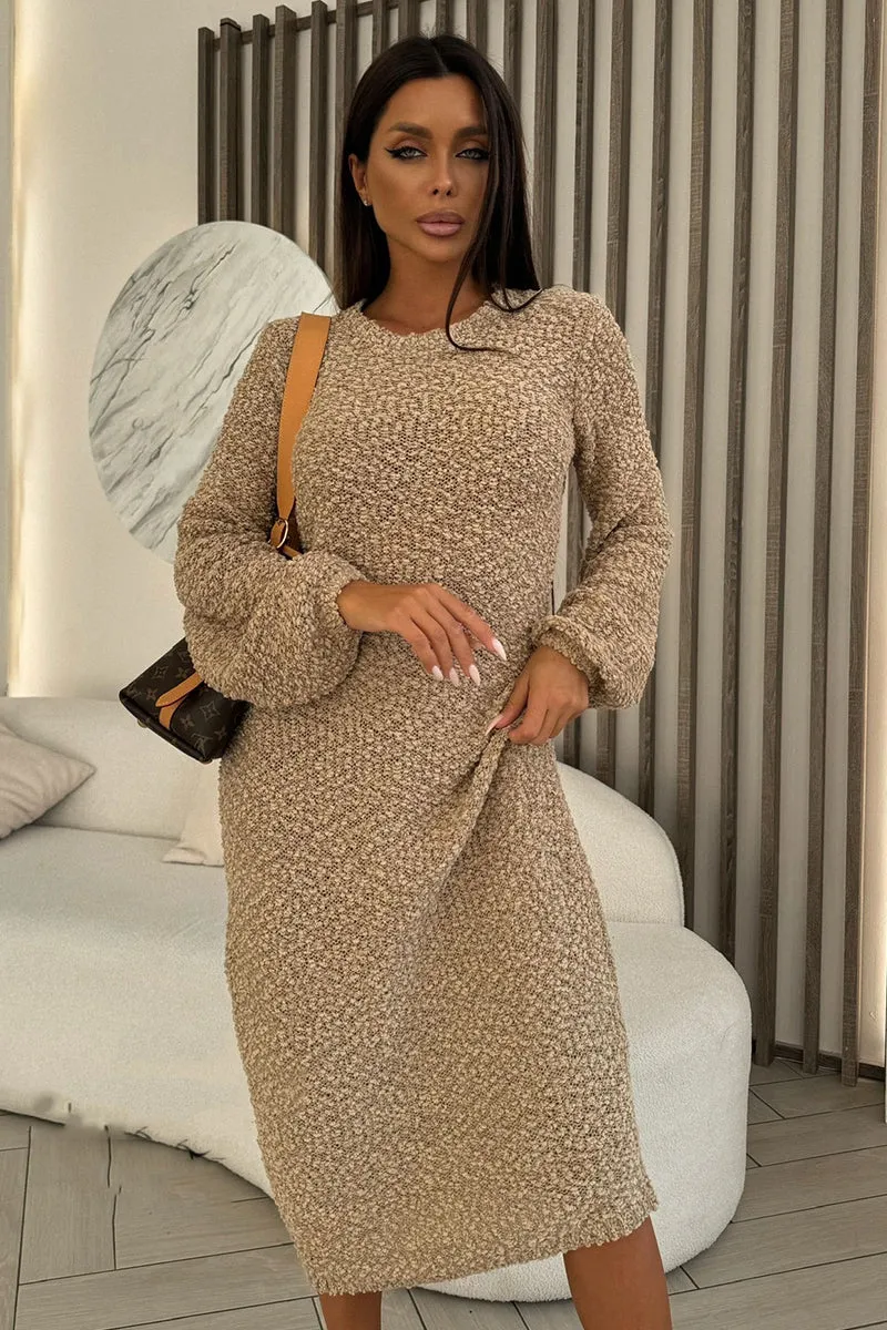 Solid Round Neck Knit Plush Dress Long Sleeve