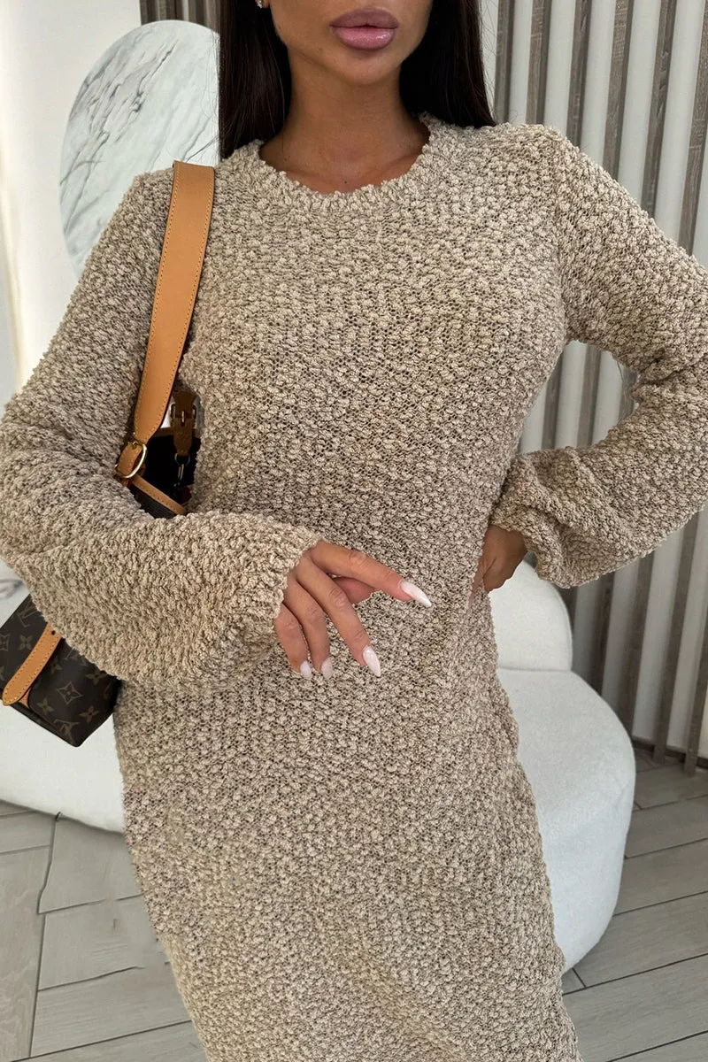 Solid Round Neck Knit Plush Dress Long Sleeve