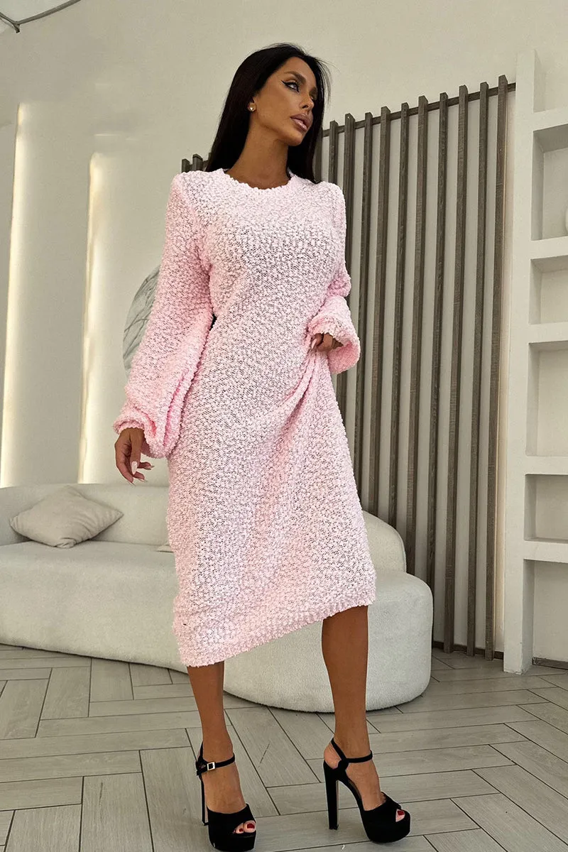 Solid Round Neck Knit Plush Dress Long Sleeve