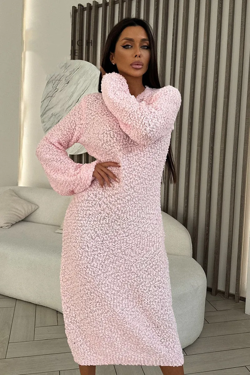 Solid Round Neck Knit Plush Dress Long Sleeve